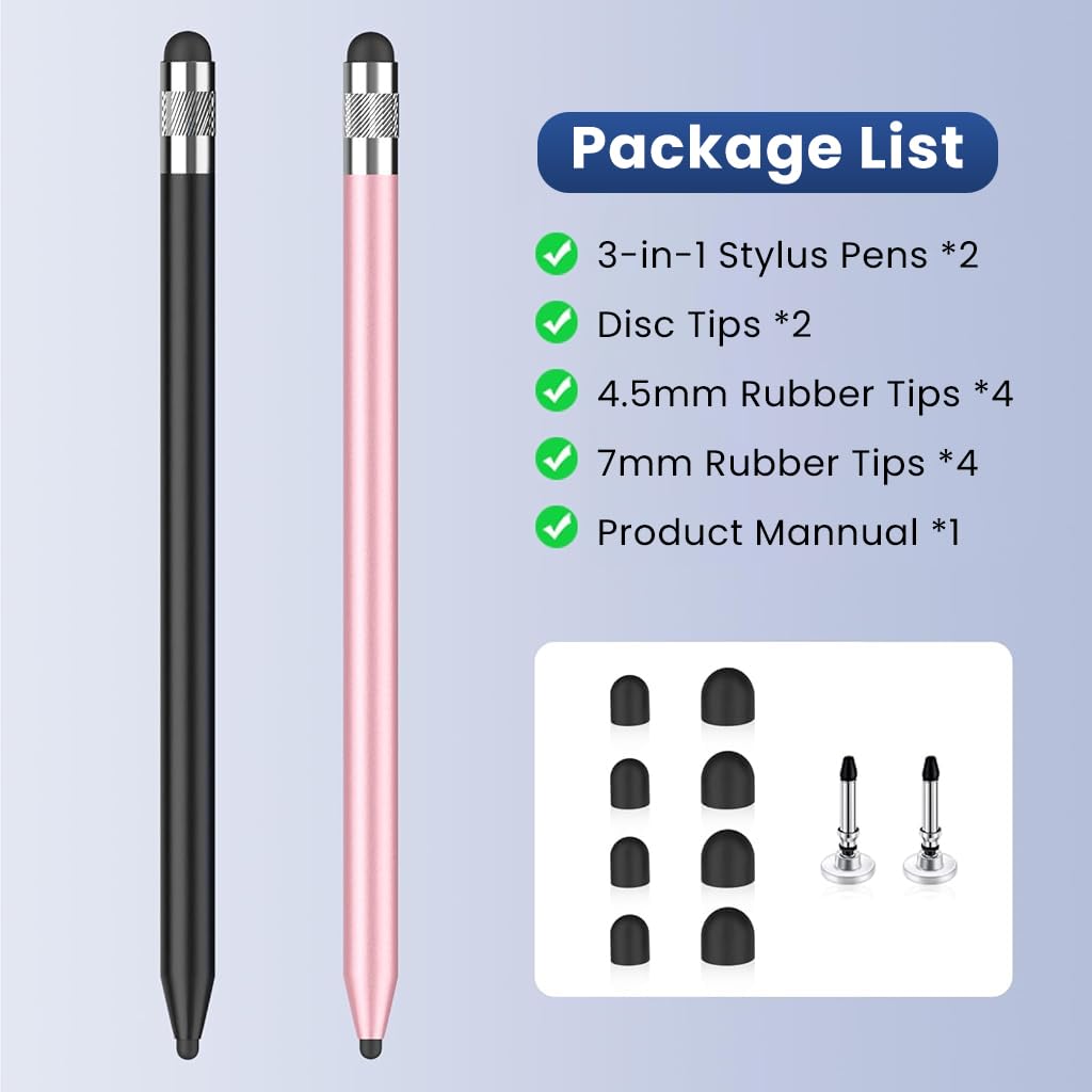 ZORBES® 2PCS 3 in 1 Stylus Pens for Touch Screens with 8Pcs Replacement Rubber Tips & 2 Disc Tips, High Sensitivity & Precision Capacitive Stylus Pencil for Apple iPad iPhone Tablets ZORBES® 2PCS 3 in 1 Stylus Pens for Touch Screens with 8Pcs Replacement Rubber Tips & 2 Disc Tips, High Sensitivity & Precision Capacitive Stylus Pencil for Apple iPad iPhone Tablets